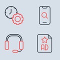 Set line Magnifying glass and mobile, Headphones, Advertising and Time management icon. Vector