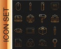 Set line Magnifying glass, Pipette, Laptop and gear, Ruler, Computer monitor, cursor, mouse and Paint roller brush icon