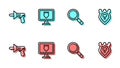 Set line Magnifying glass with search, Police megaphone, database and badge icon. Vector