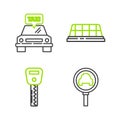 Set line Magnifying glass and taxi car, Car key, Taxi roof and icon. Vector