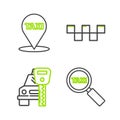 Set line Magnifying glass and taxi car, Car rental, Taxi roof and Map pointer with icon. Vector Royalty Free Stock Photo