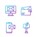 Set line Mail box, Mobile and envelope, Monitor and envelope and Envelope. Gradient color icons. Vector