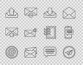 Set line Mail and e-mail, Paper plane, Download inbox, Envelope, Upload, Speech bubble chat and Chat messages