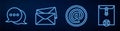 Set line Mail and e-mail, Speech bubble chat, Envelope, Delete envelope and Mail and e-mail. Glowing neon icon on brick