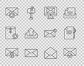 Set line Mail message lock password, Envelope and check mark, Monitor envelope, setting, Upload inbox, and Document pen Royalty Free Stock Photo