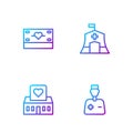 Set line Male doctor, Volunteer center, Donation and charity and Emergency medical tent. Gradient color icons. Vector