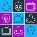 Set line Mallet for playing air hockey, Retro tv and Hockey mask icon. Vector