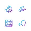 Set line Man coughing, Pills blister pack, Positive virus and Washing hands with soap. Gradient color icons. Vector