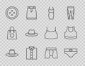 Set line Man hat, Men underpants, Woman dress, Shirt, Sewing button for clothes, and Female crop top icon. Vector Royalty Free Stock Photo