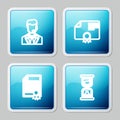 Set line Man with a headset, Certificate template, and Old hourglass icon. Vector