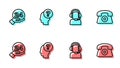 Set line Man with a headset, Telephone 24 hours support, Head question mark and icon. Vector