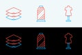 Set line Mannequin, Layers clothing textile and Sewing thread on spool icon. Vector Royalty Free Stock Photo