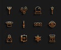 Set line Mantle, cloak, cape, Ancient magic book, Neptune Trident, Spider web, Decree, paper, parchment, scroll, Dagger