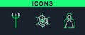 Set line Mantle, cloak, cape, Neptune Trident and Spider web icon. Vector