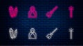 Set line Mantle, cloak, cape, Witches broom, Magic stone and wand. Glowing neon icon on brick wall. Vector