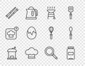 Set line Manual coffee grinder, Jam jar, Barbecue grill, Chef hat, Food chopsticks, Broken egg, Frying pan and Teaspoon Royalty Free Stock Photo