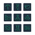 Set line Map of Iceland, Viking head, Ticket, Lighthouse, Flag, Pickaxe and ship Drakkar icon. Vector Royalty Free Stock Photo