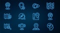 Set line Map marker with human, pin, Location on the globe, Push, Folded map location, house, and icon. Vector
