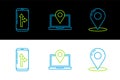 Set line Map pin, Infographic of city map navigation and Laptop with location marker icon. Vector Royalty Free Stock Photo