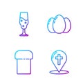 Set line Map pointer with christian cross, Easter cake, Wine glass and Easter eggs. Gradient color icons Royalty Free Stock Photo