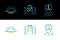 Set line Map pointer with Eiffel tower, Sunset and Suitcase for travel and stickers icon. Vector Royalty Free Stock Photo