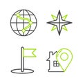 Set line Map pointer with house, Flag, Wind rose and Monitor and folded map location icon. Vector