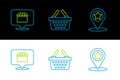 Set line Map pointer with star, Online shopping concept and Shopping basket icon. Vector Royalty Free Stock Photo