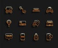 Set line Map pointer with taxi, Taxi call telephone service, Car, key remote, Laptop location marker, and icon. Vector