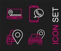 Set line Map pointer with taxi, Taxi call telephone service and Laptop location marker icon. Vector