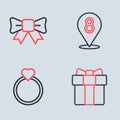 Set line 8 March, Diamond engagement ring, Gift box and heart and bow icon. Vector