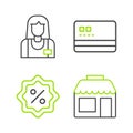 Set line Market store, Discount percent tag, Credit card and Seller icon. Vector