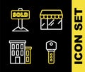 Set line Market store, House key, and Hanging sign with text Sold icon. Vector