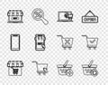 Set line Market store with shopping cart, Refresh basket, Shopping on laptop, cursor, Online, Mobile and, Add and check Royalty Free Stock Photo