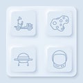 Set line Mars rover, Asteroid, UFO flying spaceship and Astronaut helmet. White square button. Vector