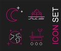 Set line Mars rover, Earth globe, and Moon and stars icon. Vector Royalty Free Stock Photo