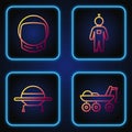 Set line Mars rover, UFO flying spaceship, Astronaut helmet and Astronaut. Gradient color icons. Vector