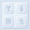 Set line Martini glass, Beer bottle, Glass of whiskey and Cocktail shaker. White square button. Vector