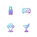 Set line Martini glass, Five stars rating review, Suitcase and Sofa. Gradient color icons. Vector