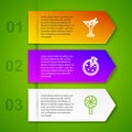 Set line Martini glass, Homemade pie and Lollipop. Business infographic template. Vector