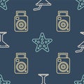 Set line Martini glass, Photo camera and Starfish on seamless pattern. Vector