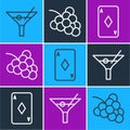 Set line Martini glass, Playing card with diamonds and Casino slot machine with grape icon. Vector
