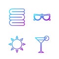 Set line Martini glass, Sun, Towel stack and Glasses. Gradient color icons. Vector Royalty Free Stock Photo