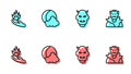 Set line Mask of the devil with horns, Hand holding fire, Moon stars and Vampire icon. Vector Royalty Free Stock Photo