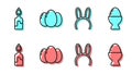 Set line Mask with long bunny ears, Burning candle, Easter eggs and Easter egg on a stand icon. Vector Royalty Free Stock Photo