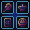 Set line Masons, Ancient magic book, Magic wand and Magic lamp or Aladdin. Gradient color icons. Vector