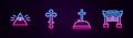 Set line Masons, Christian cross, Tombstone with and Japan Gate. Glowing neon icon. Vector Royalty Free Stock Photo