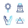 Set line Masons, Hands in praying position, Stage stand or tribune and Rosary beads religion icon. Vector Royalty Free Stock Photo