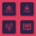 Set line Masons, Magic runes, Wizard warlock and Ancient magic book. Blue square button. Vector