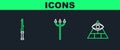 Set line Masons, Magic wand and Neptune Trident icon. Vector