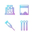 Set line Matches, Syringe, Test tube and flask and Plastic bag of drug. Gradient color icons. Vector